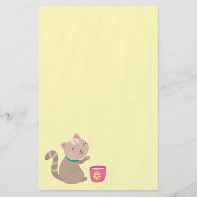 Cute cat in teacup cartoon on mint stationery (Front)