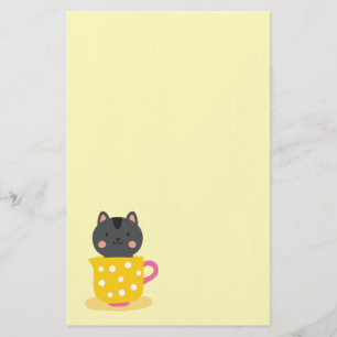 Cute cat in teacup cartoon on mint stationery
