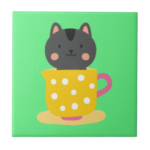 Cute cat in teacup cartoon on mint tile