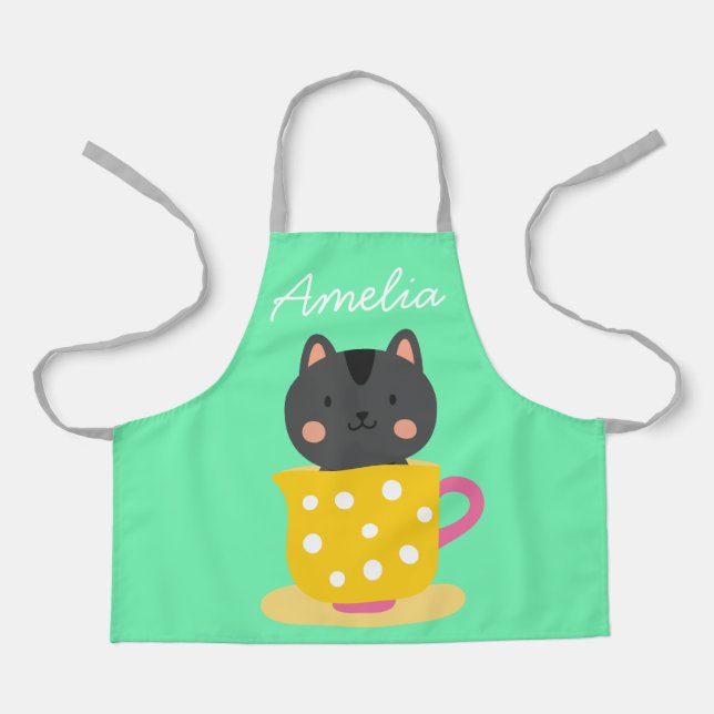 Cute cat in teacup colourful kids art or cooking apron (Front)