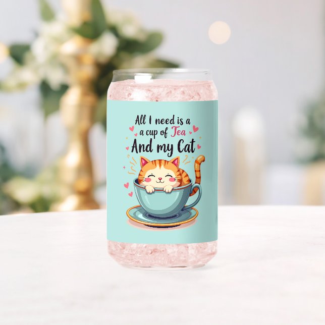 Cute Cat in Teacup Kawaii Cozy Art Can Glass (Insitu (Wedding))