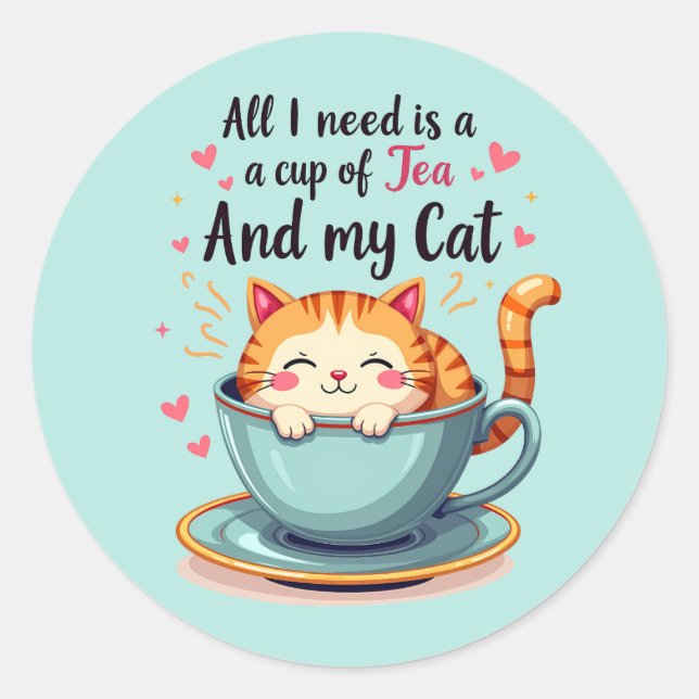 Cute Cat in Teacup Kawaii Cozy Art Classic Round Sticker (Front)