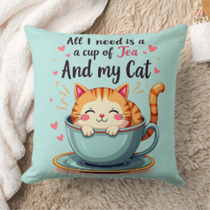 Cute Cat in Teacup Kawaii Cozy Art Throw Pillow