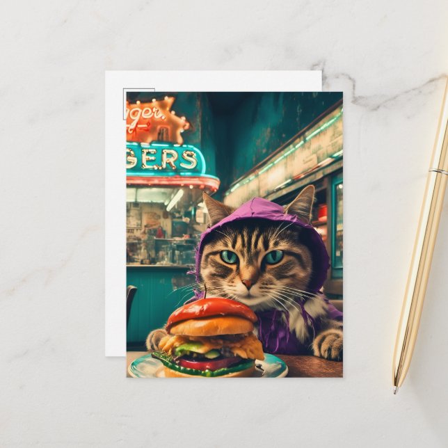 Cute Cat in the Diner With a Cheeseburger Postcard (Front/Back In Situ)