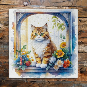Cute Cat in Window of Flowers Jigsaw Puzzle