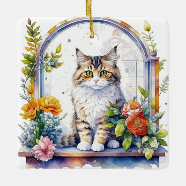 Cute Cat in Window of Flowers Personalized Ceramic Ornament (Front)