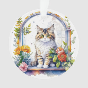 Cute Cat in Window of Flowers Personalized Ornament
