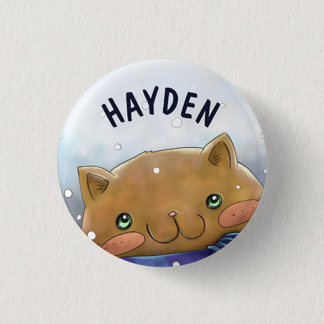 Cute Cat in Winter Personalised Kids 1 Inch Round Button (Front)