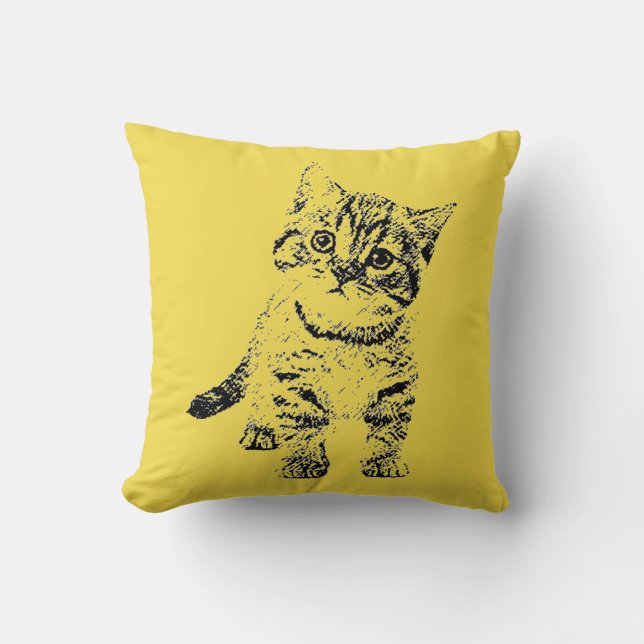 Cute Cat Ink Pen Sketch Yellow Throw Pillow (Front)