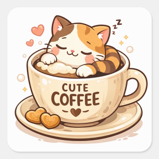 Cute Cat Inside Coffee Cup | Cozy Cat Lover Design Square Sticker (Front)