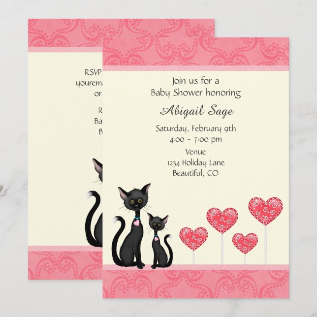 Cute Cat, Kitten and Hearts Baby Shower Invitation (Front/Back)