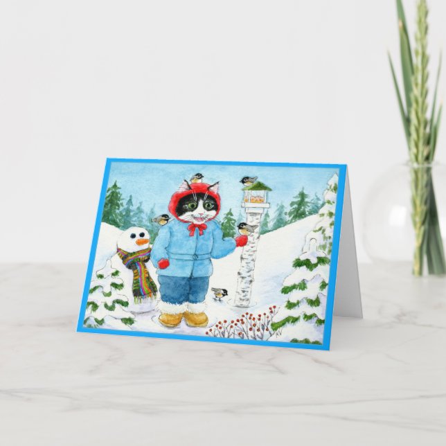 Cute Cat Kitten Bird Feeder  greeting card (Front)