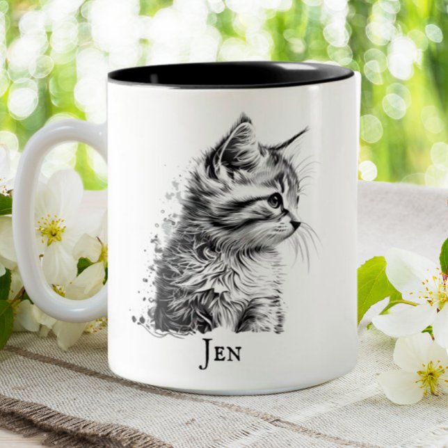 Cute Cat Kitten Black & White Sketch Personalized Two-Tone Coffee Mug (Creator Uploaded)