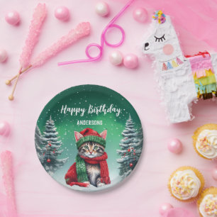 Cute Cat Kitten Christmas tree birthday girl party Paper Plate