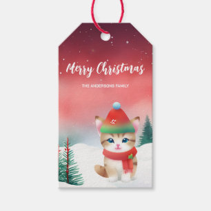 Cute cat kitten Santa Christmas party holiday kid Gift Tags