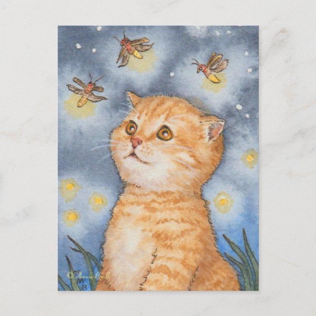 Cute Cat Kitten with Firefly Fireworks Postcard (Front)
