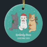 Cute Cat Kittens Christmas Snowy Winter Holiday Ceramic Ornament<br><div class="desc">Cute cartoon animal ornament for kids and children. Perfect for first Christmas celebration with family. You can customize the text for any occasion.</div>