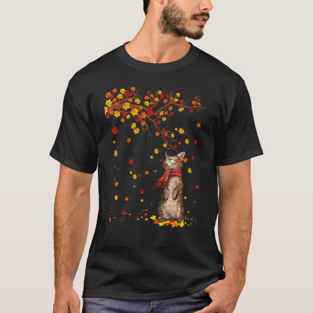 Cute Cat Kitty Autumn Fall Leaves  Cat  Men Women T-Shirt (Front)