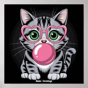Cute Cat Kitty Eating Gum and Making Bubble Funny Poster