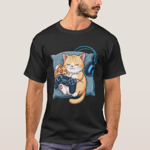 Cute Cat Kitty Gamer Pizza Joke Video Game Control T-Shirt