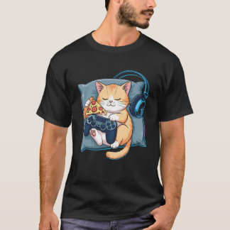 Cute Cat Kitty Gamer Pizza Joke Video Game Control T-Shirt