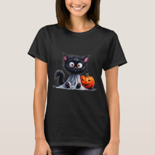 Cute Cat Kitty Ghost Halloween Black Pumpkin T-Shirt