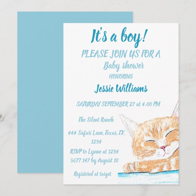 Cute Cat Kitty Kitten Blue animal Baby Boy Invitation (Front/Back)