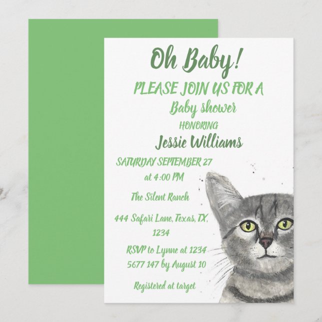Cute Cat Kitty Kitten Green Baby boy Girl Invitati Invitation (Front/Back)