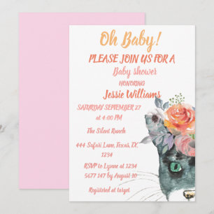 Cute Cat Kitty Kitten Pink Floral Baby Girl Boho  Invitation