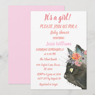 Cute Cat Kitty Kitten Pink Floral Baby Girl Boho Invitation