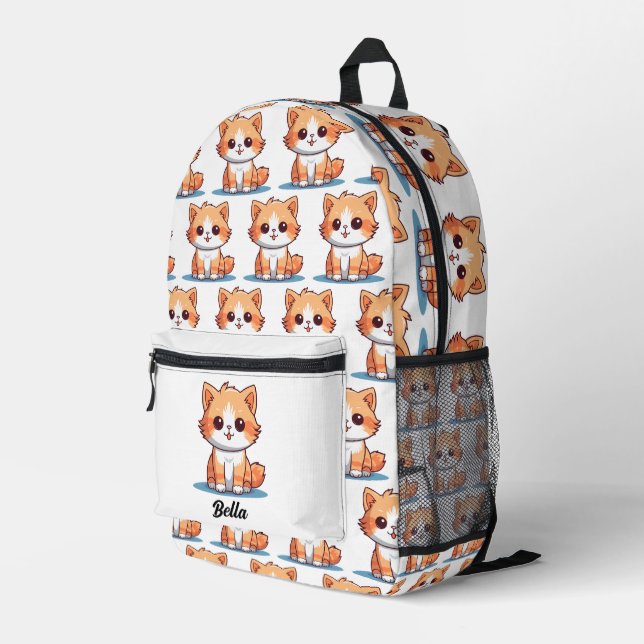 Cute Cat Kitty Pattern Custom Name Printed Backpack (Back Corner Right)