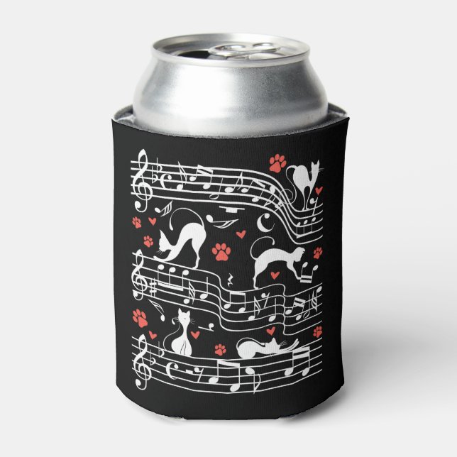 Cute Cat Kitty Playing Music Clef Piano Musician Can Cooler (Can Front)