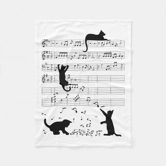 Cute Cat Kitty Playing Music Note Clef Musician Ar Fleece Blanket (Front)