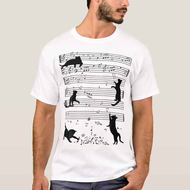 Cute Cat Kitty Playing Music Note Clef Musician T-Shirt (Front)