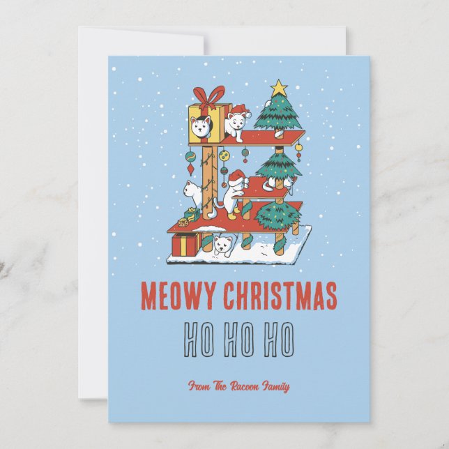 Cute Cat Kitty Tree Snow Winter Meowy Christmas Holiday Card (Front)
