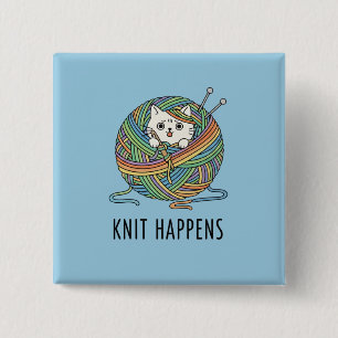Cute Cat Knitting Supplies Rainbow Illustration 2 Inch Square Button