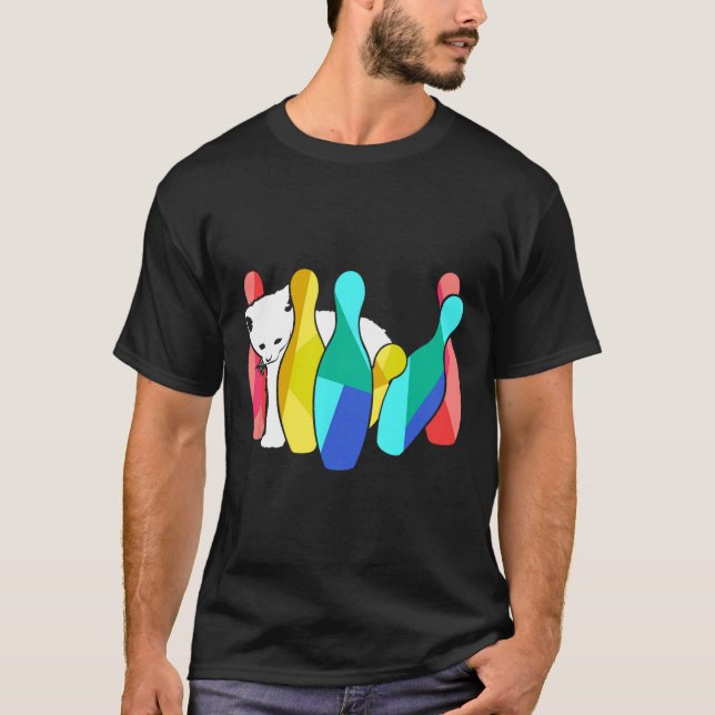 Cute Cat Knocking Over Bowling Pins Kitty  T-Shirt (Front)