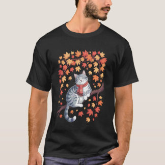 Cute Cat Leaf Fall Tree Hello Autumn Women Men Tha T-Shirt