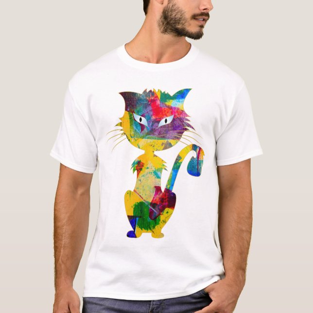 Cute Cat Light Blue Eyes Colourful Rainbow Artwork T-Shirt (Front)