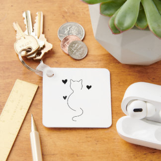 Cute cat line drawing, with three hearts keychain