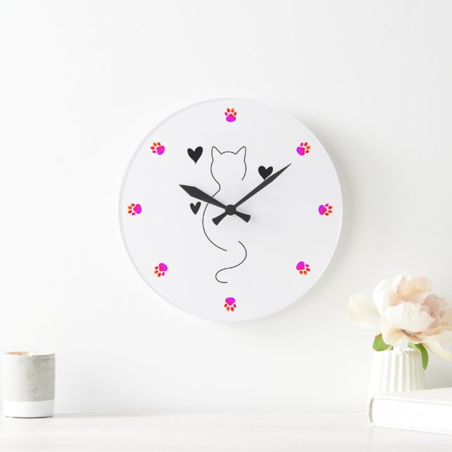 Cute cat line drawing, with three hearts large clock (Home)