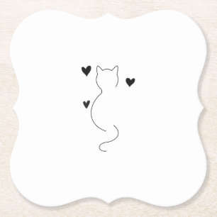 Cute cat line drawing, with three hearts paper coaster