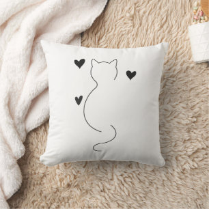Cute cat line drawing, with three hearts throw pillow