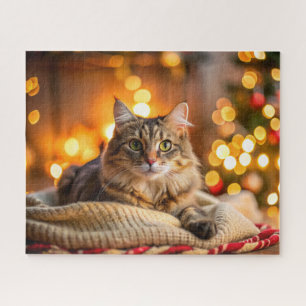 Cute cat lounging on a cozy Christmas blanket Jigsaw Puzzle