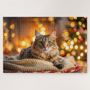 Cute cat lounging on a cozy Christmas blanket Jigsaw Puzzle