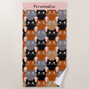 Cute Cat Lover Feline Faces Monogram Beach Towel