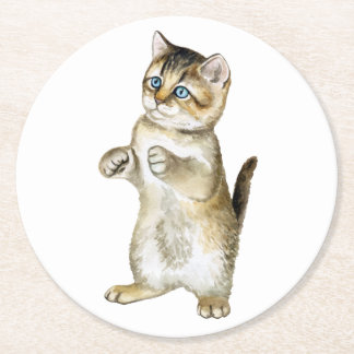 Cute Cat Lover Funny Kitten Watercolor Grey Tabby  Round Paper Coaster