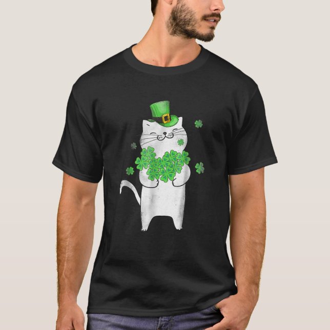 Cute Cat Lover Shamrock St Patricks Day Meowy Iris T-Shirt (Front)