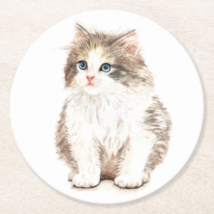 Cute Cat Lover Watercolor Kitten Kitty Mom Feline Round Paper Coaster