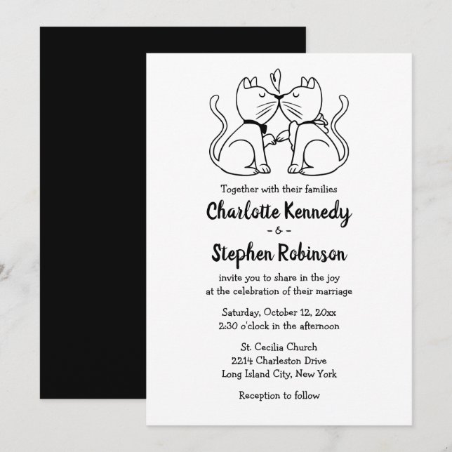 Cute Cat Lover Wedding Black White Modern Kittens Invitation (Front/Back)